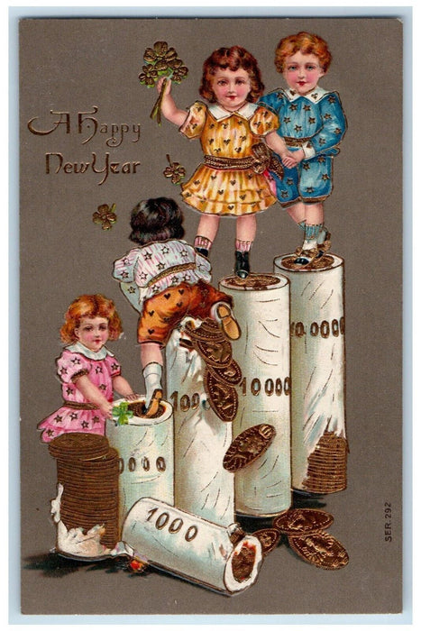 1909 Happy New Year Children Climbing Bundle Of Coins Freedom PA Posted Postcard