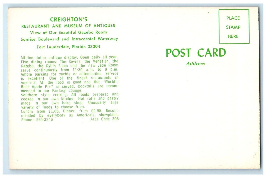 c1960 Creighton Restaurant Museum Antiques Fort Lauderdale Florida FL Postcard