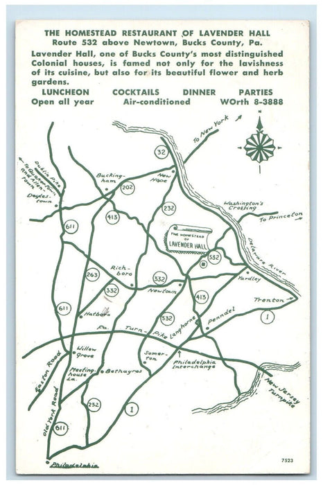 c1960 Homestead Restaurant Lavender Hall Bucks County Pennsylvania Map Postcard