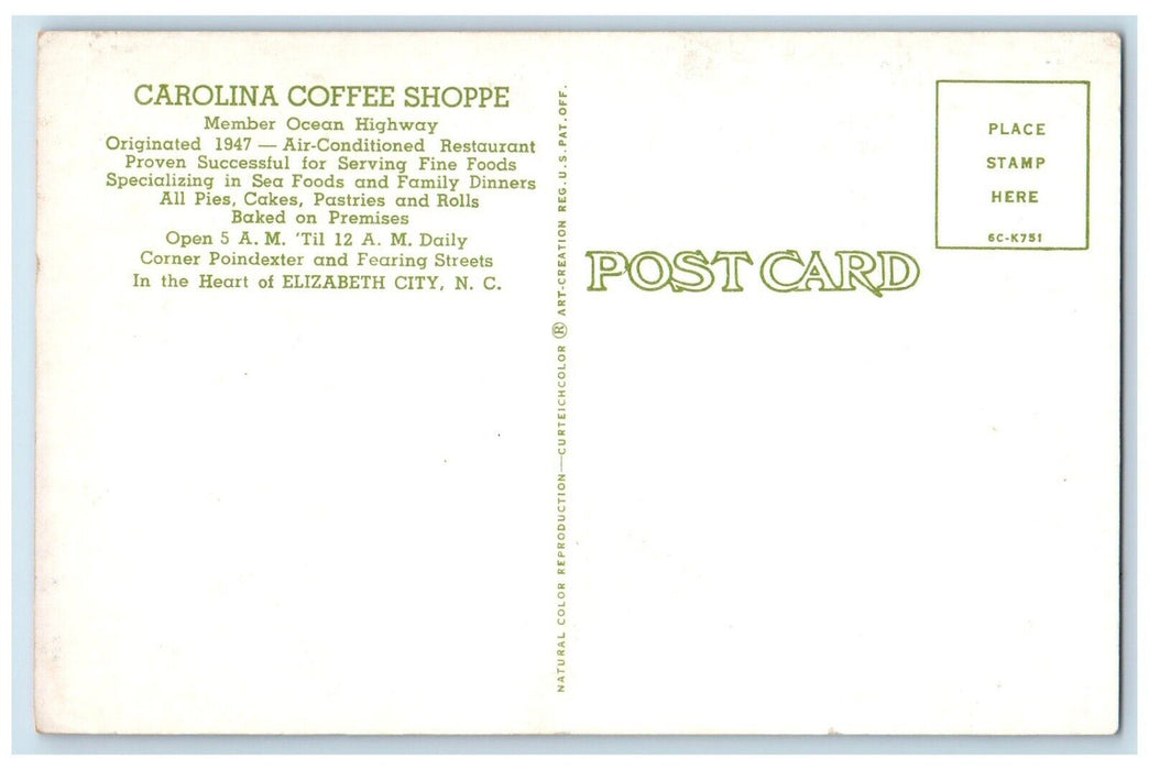 1960 Carolina Coffee Shoppe Elizabeth City North Carolina NC Multi-View Postcard