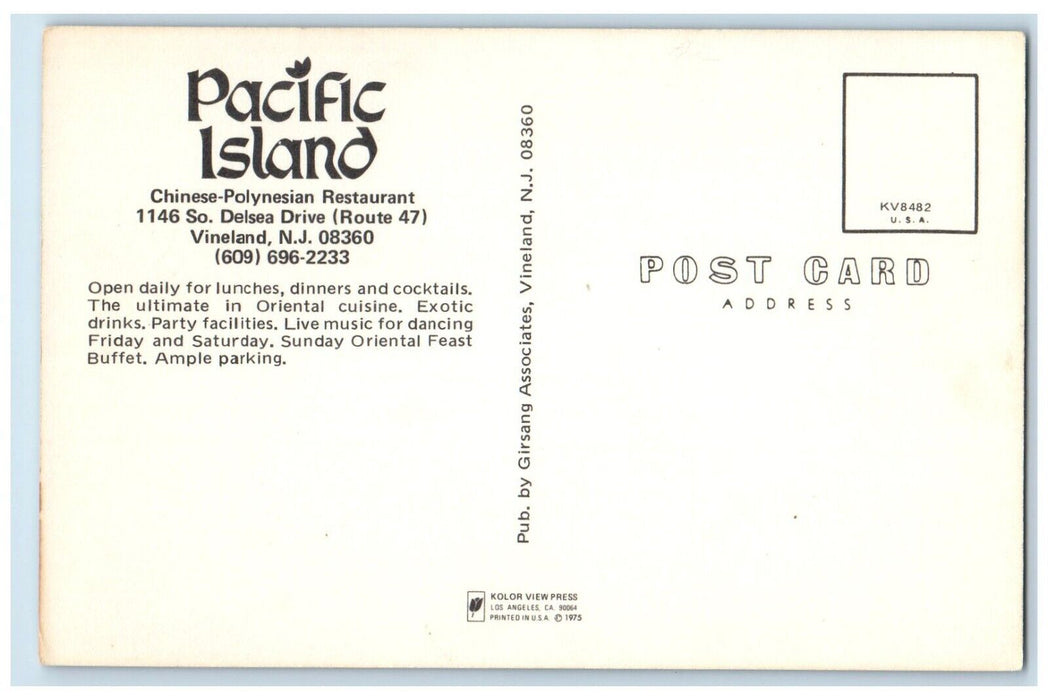 c1960 Pacific Island Chinese-Polynesian Restaurant Vineland New Jersey Postcard