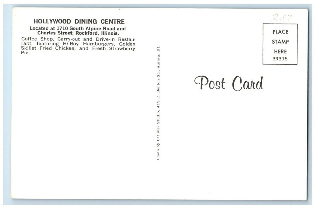 c1960 Exterior View Hollywood Dining Centre Rockford Illinois Unposted Postcard