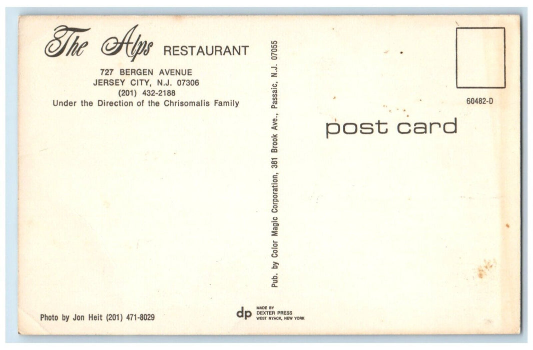 c1960 Interior View Dining Alps Restaurant Jersey City New Jersey NJ Postcard