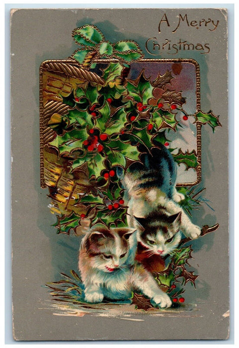 1909 Merry Christmas Cats Holly Berries Gel Gold Gilt Fostoria OH Postcard