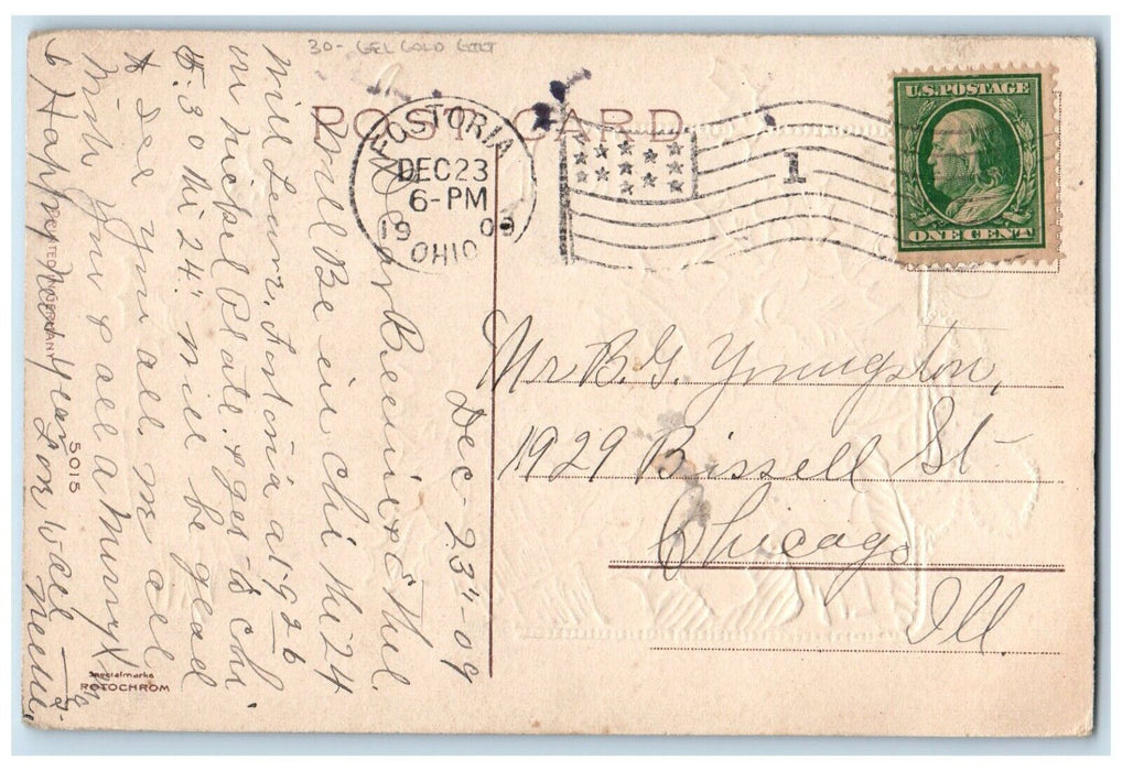 1909 Merry Christmas Cats Holly Berries Gel Gold Gilt Fostoria OH Postcard