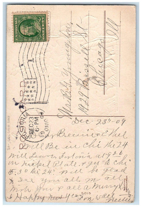 1909 Merry Christmas Cats Holly Berries Gel Gold Gilt Fostoria OH Postcard