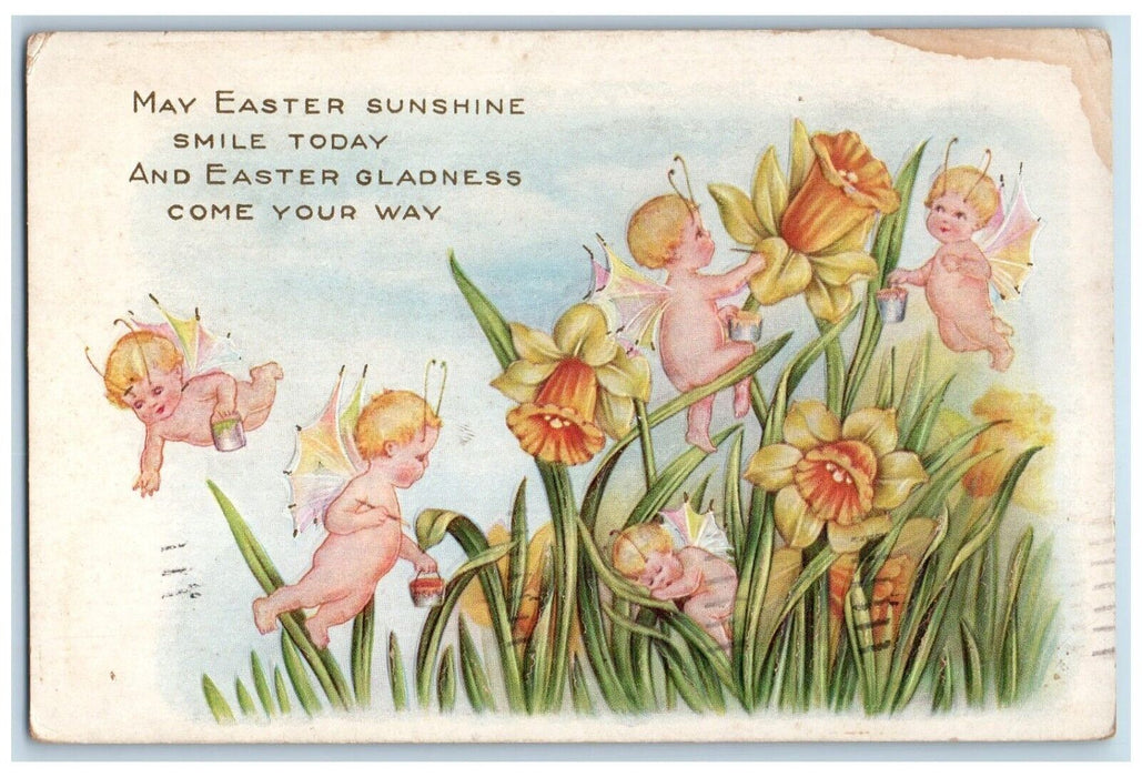 1911 Easter Sunshine Fairy Angels Flowers Embossed Atlantic City NJ Postcard
