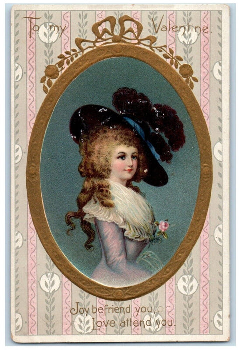 1909 Valentine Pretty Woman Big Hat Feather Curly Hair Embossed Tuck's Postcard