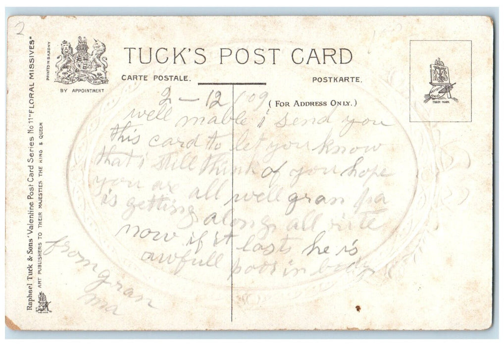 1909 Valentine Pretty Woman Big Hat Feather Curly Hair Embossed Tuck's Postcard