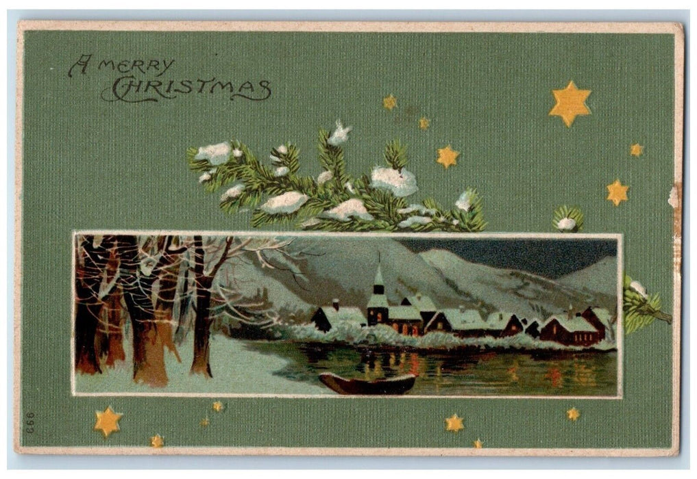 1907 Christmas Pine Tree House Boat Winter Embossed West Newtons MA Postcard