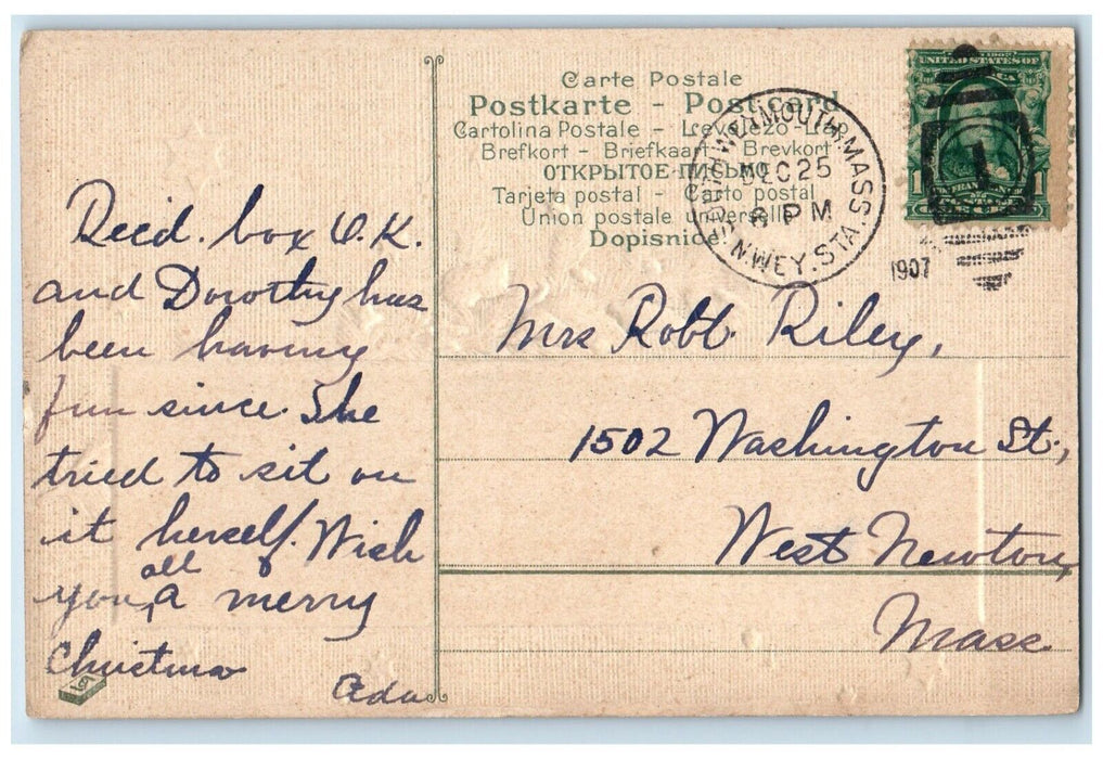 1907 Christmas Pine Tree House Boat Winter Embossed West Newtons MA Postcard