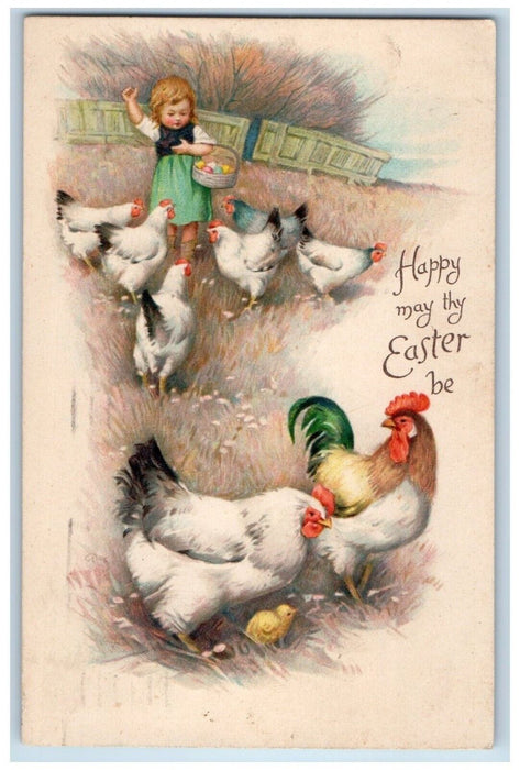1910 Easter Girl Collecting Eggs Chicken Hen Chick Buffalo New York NY Postcard