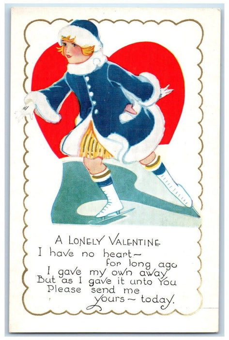 c1905 Valentine Lonely Boy Ice Skating Big Heart Posted Antique Postcard