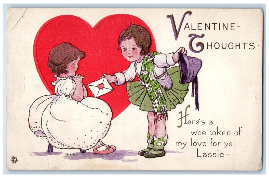 c1910's Valentine Thoughts Children Letter Big Heart Embossed Antique Postcard