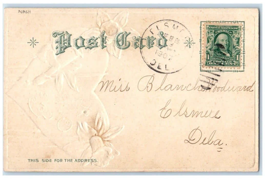 1907 Valentine Gift Of Love Pretty Woman Flowers Nash Embossed Antique Postcard