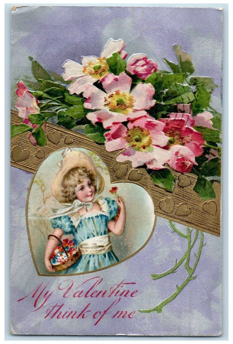 1909 Valentine Little Girl Flowers Basket Heart Embossed Winsch Back Postcard