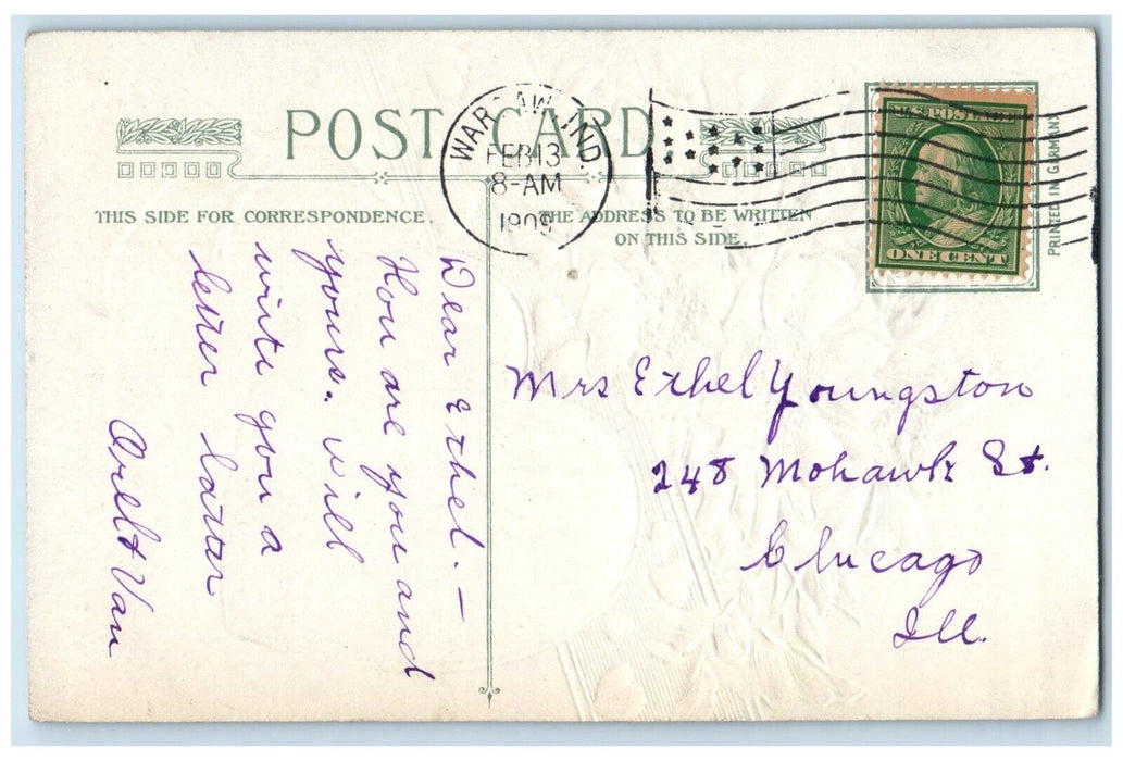 1909 Valentine Little Girl Flowers Basket Heart Embossed Winsch Back Postcard