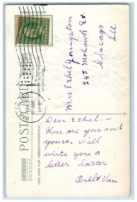 1909 Valentine Little Girl Flowers Basket Heart Embossed Winsch Back Postcard