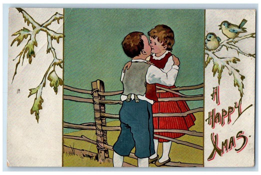 c1910's Happy Christmas Sweet Couple Kissing Song Birds Gel Antique Postcard