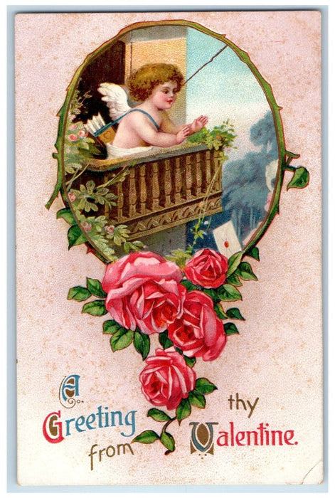 1910 Valentine Greeting Cupid Angel Flowers Embossed Marshallton DE Postcard