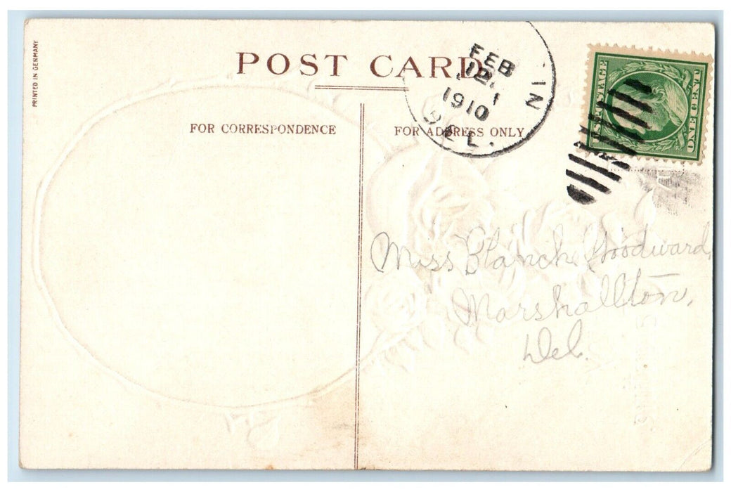 1910 Valentine Greeting Cupid Angel Flowers Embossed Marshallton DE Postcard