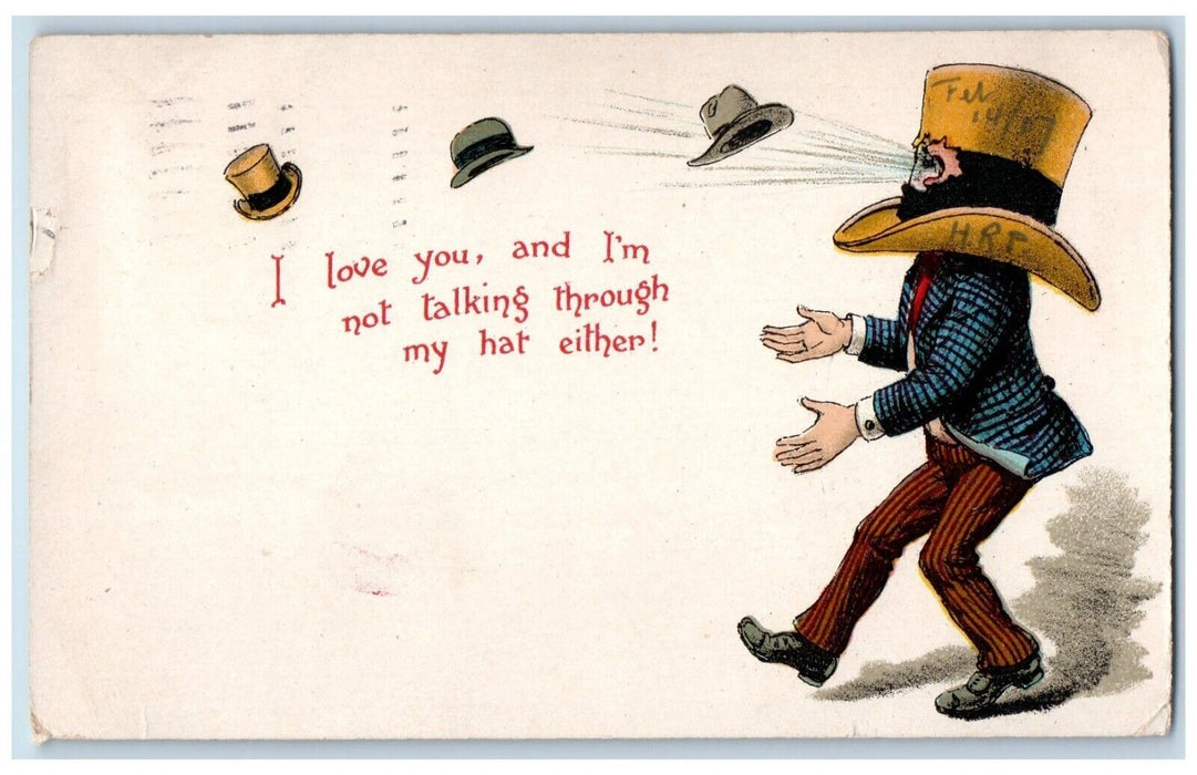 1907 Valentine Man Talking To His Hat Weird Philadelphia PA Antique Postcard