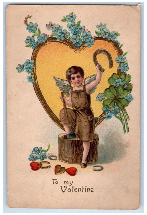 c1910's Valentine Angel Black Smith Horseshoe Hearts Flowers Antique Postcard