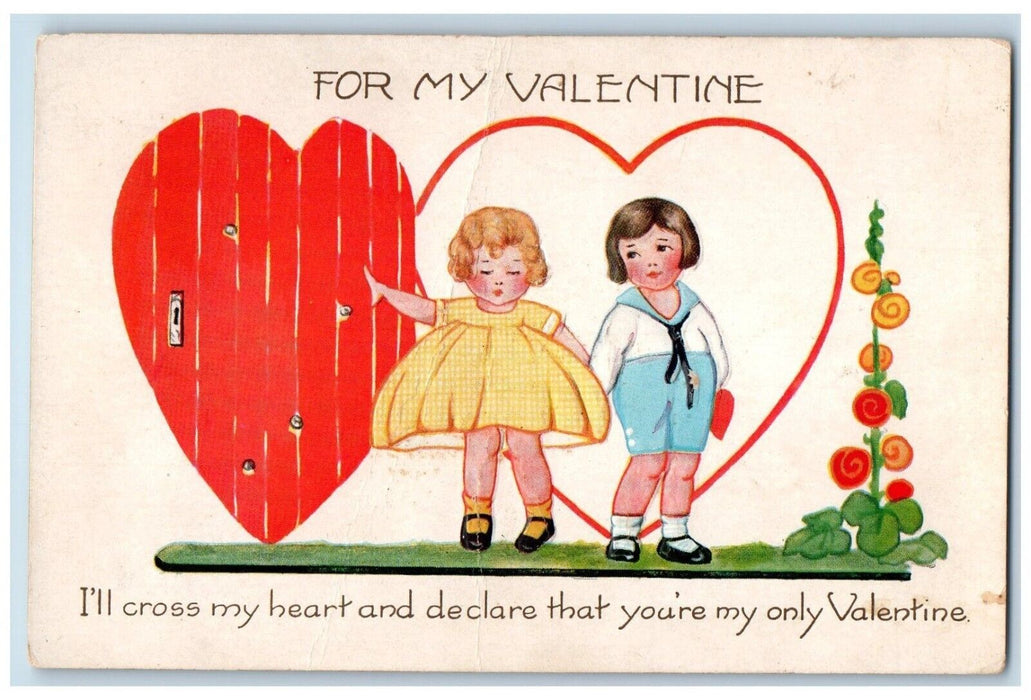 c1910's Valentine Children Big Hearts Flowers Embossed Posted Antique Postcard