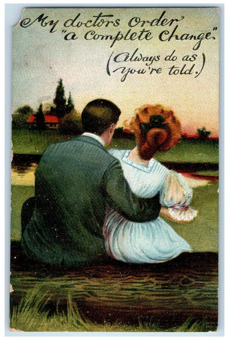 c1910's Valentine Sweet Couple Romance My Doctors Order Antique Postcard