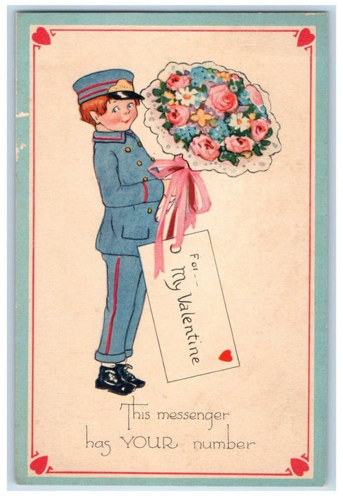 c1910's Valentine Mailman Delivering Flowers Bouquet Hearts Gibson Postcard