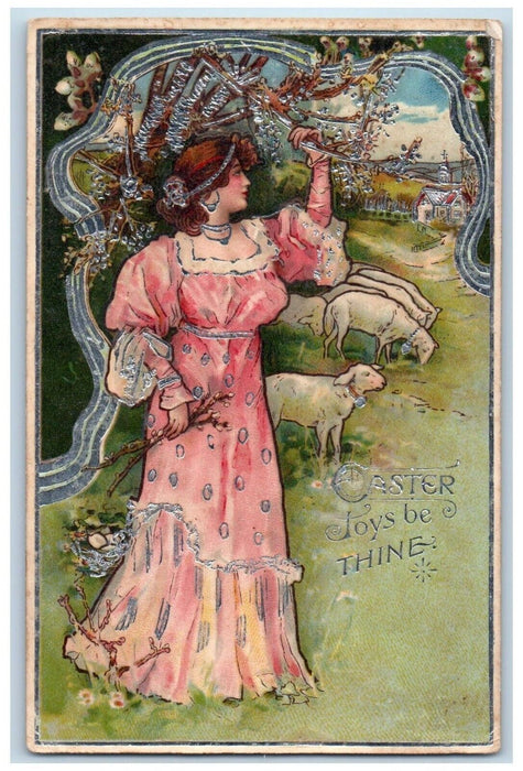 c1905 Easter Woman Holding Pipe Berry Lamb Tunbridge Wells England Postcard