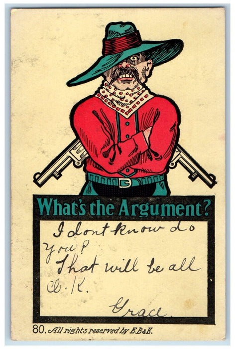 1907 Gunslinger Cowboy Outlaw What's An Argument Alpine New York NY Postcard