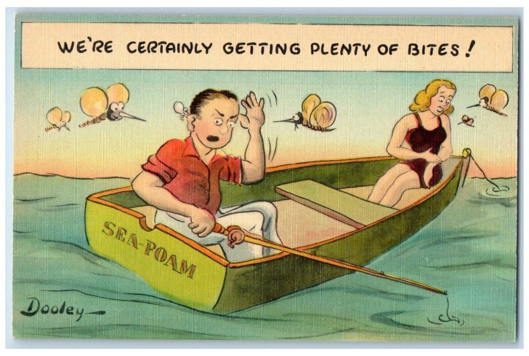 c1930's Couple Fishing Sea Poam Boat Getting Plenty Of Bites Mosquito Postcard