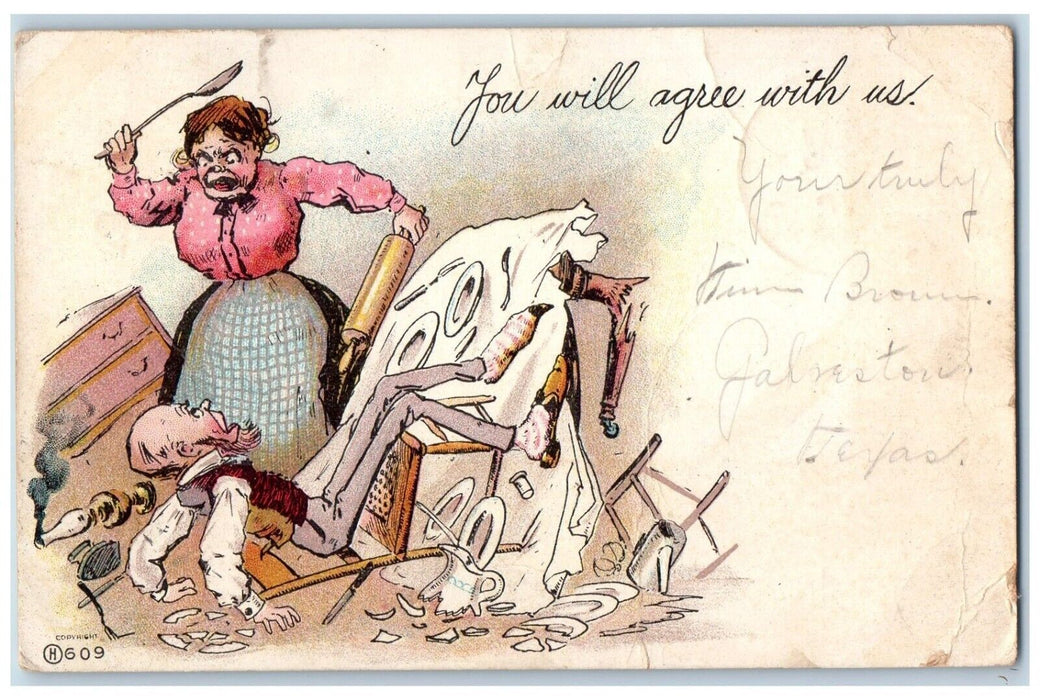 1906 Wife Beating Husband Humor Write Away Galveston Texas TX Antique Postcard