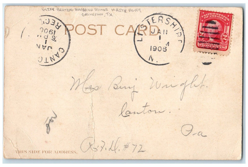 1906 Wife Beating Husband Humor Write Away Galveston Texas TX Antique Postcard