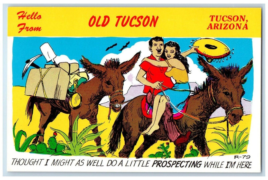 Hello From Tucson Arizona AZ, Sweet Couple Mules Unposted Vintage Postcard