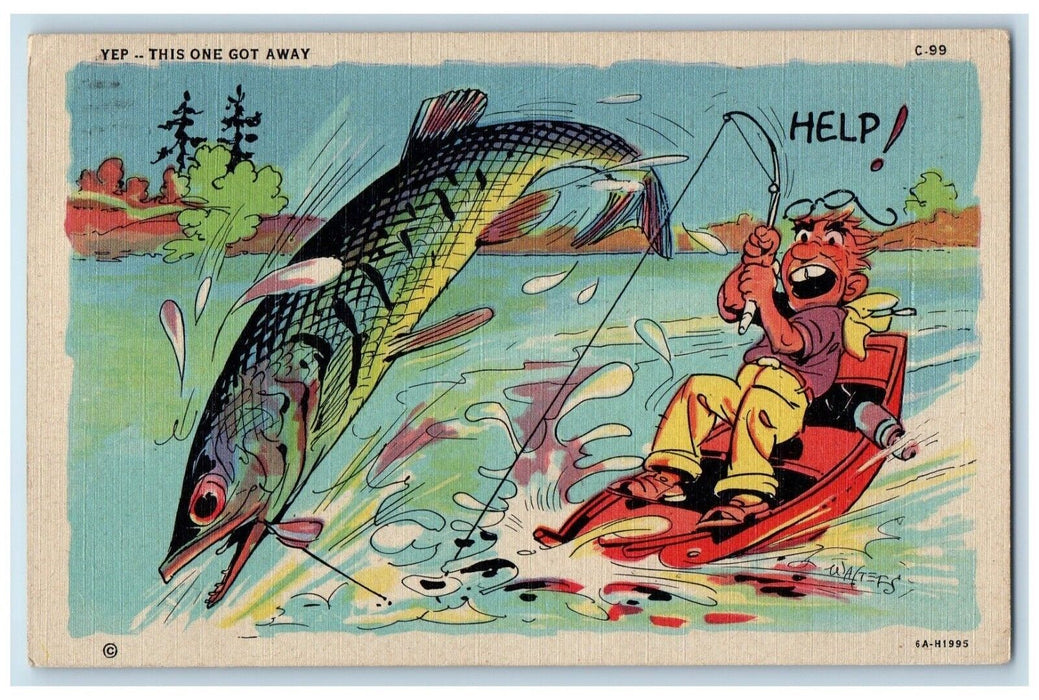 1946 Fisherman Cached Exaggerated Fish Boat Sinking Needham MA Vintage Postcard