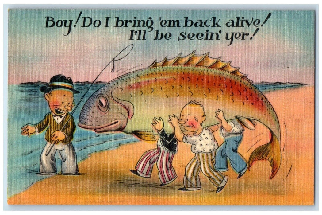 c1930's Man Cached Exaggerated Fish Bring Back Alive Unposted Vintage Postcard