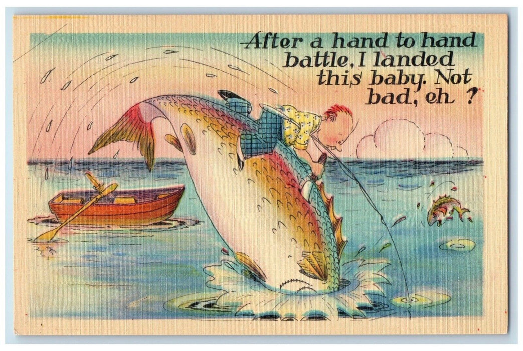 c1930's Man Hand To Hand Battle Cached Exaggerated Fish Vintage Postcard