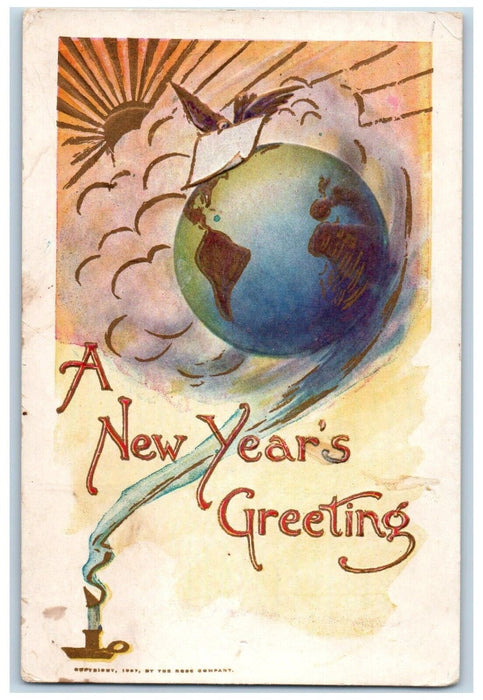 1910 New Year Greetings Globe Candle Bird Letter Embossed Ashland PA Postcard