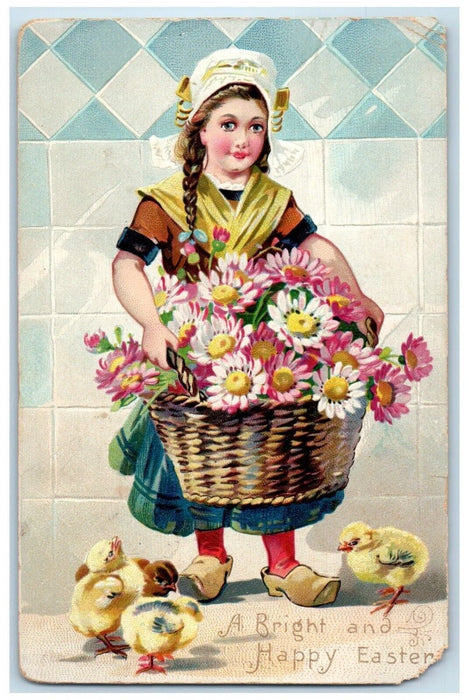 1907 Happy Easter Dutch Woman Holding Basket Daisy Flowers Chicks Tucks Postcard