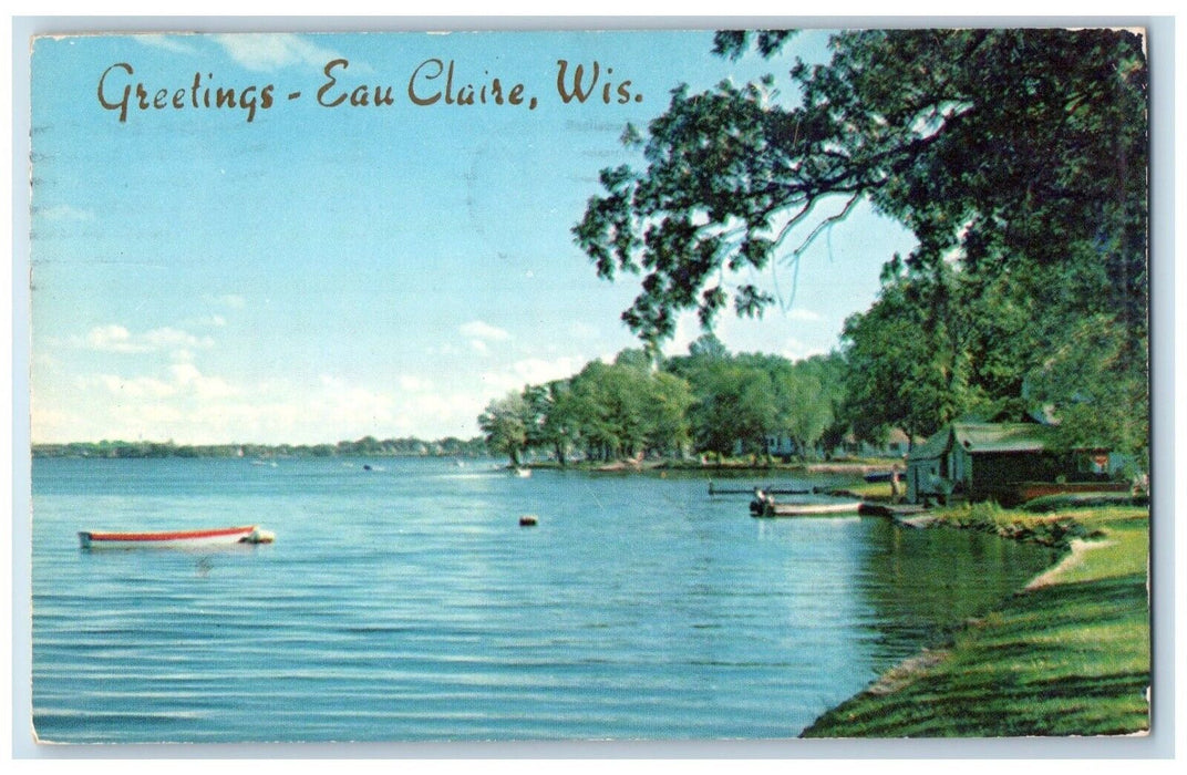 1958 Greetings Eau Claire Wisconsin Lake Shore Scene Chicago Illinois Postcard