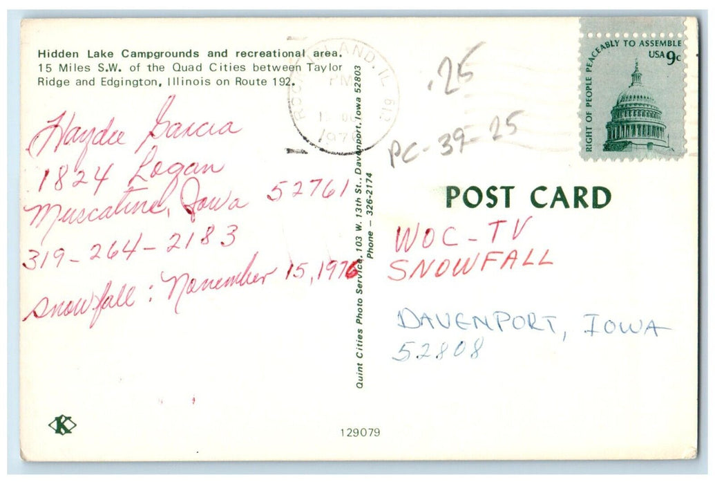 1976 Hidden Lake Campgrounds Recreational Area Edgington Illinois IL Postcard