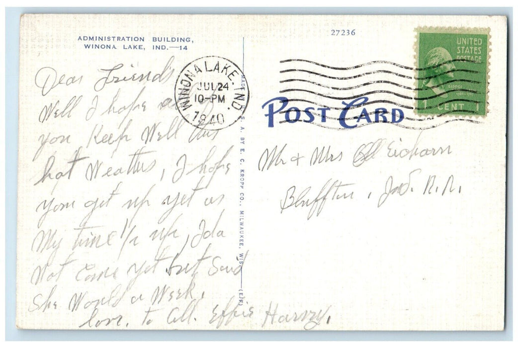 1940 Administration Building Winona Lake Indiana Posted Vintage Antique Postcard