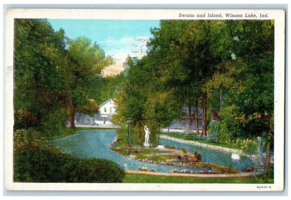 c1940 Scenic View Swans Island Pond Winona Lake Indiana Vintage Antique Postcard