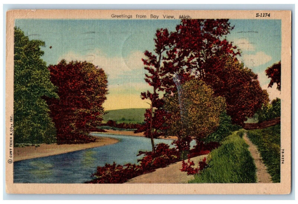 c1955 Greetings From Bay View Michigan MI River Vintage Antique Posted Postcard