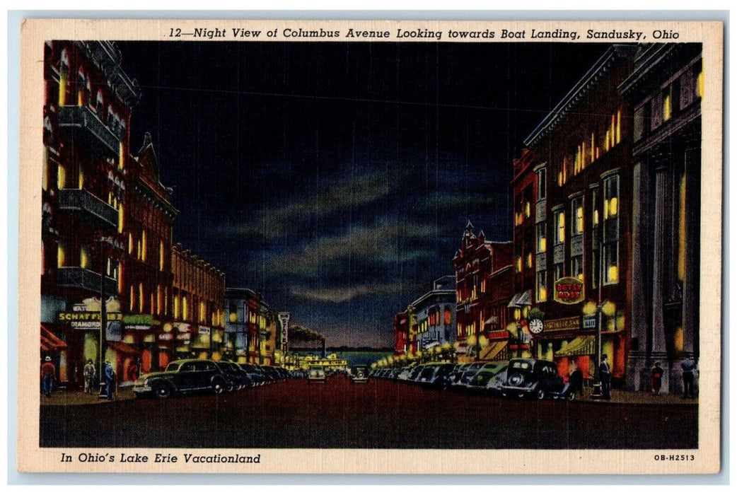 c1940 Night View Columbus Avenue Boat Landing Sandusky Ohio OH Vintage Postcard