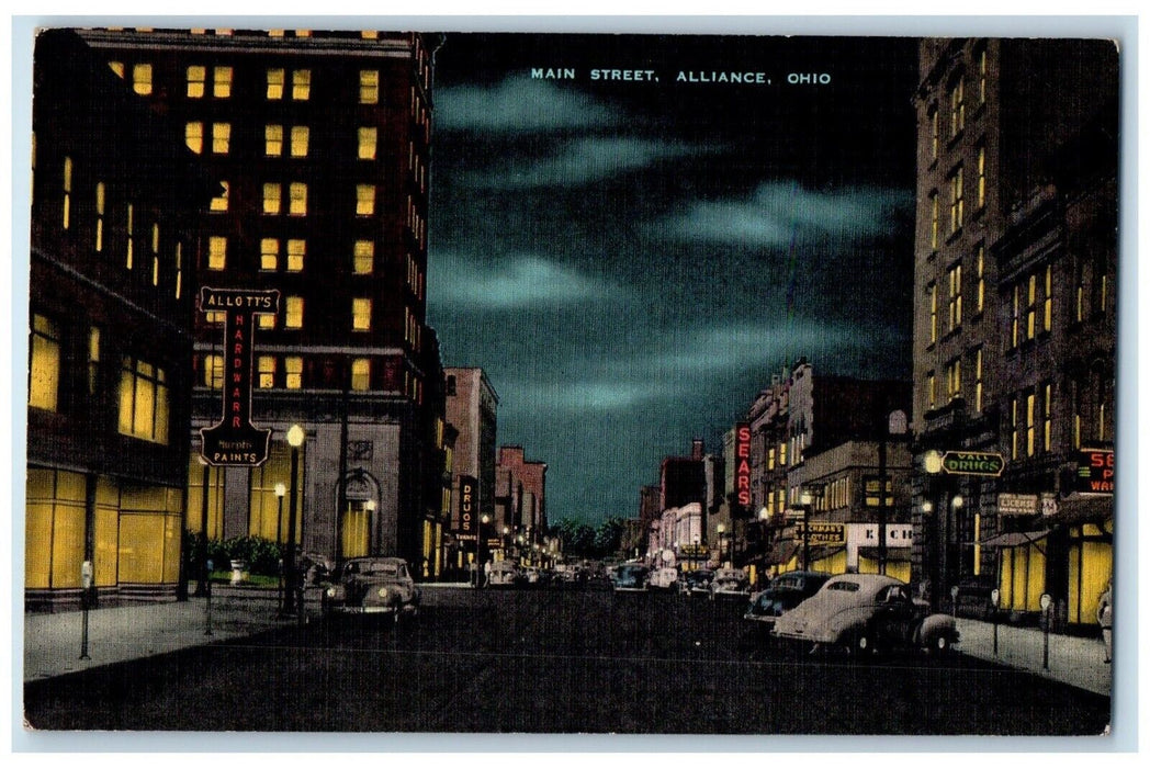 c1940 Night Scene Main Street Alliance Ohio OH Vintage Antique Unposted Postcard