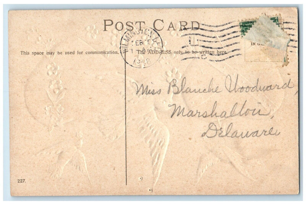 1908 Valentine Hearts Dove Flowers Embossed Wilmington Delaware DE Postcard