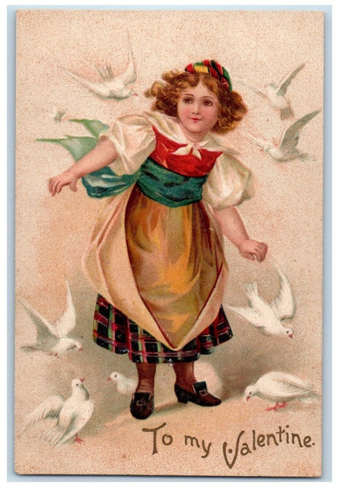 1908 Valentine Pretty Girl Curly Hair Dove Clapsaddle Embossed Posted Postcard